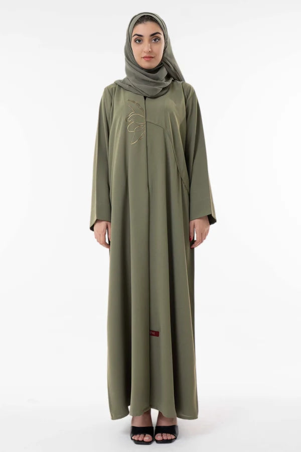 Abaya With Delicate Floral Line Embroidery Green