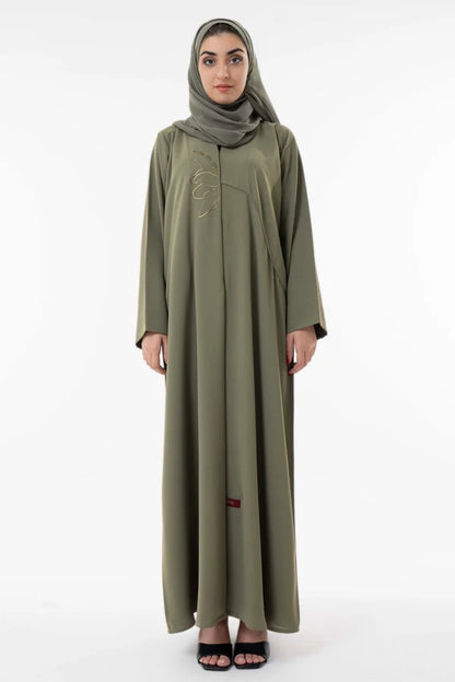 Abaya With Delicate Floral Line Embroidery Green