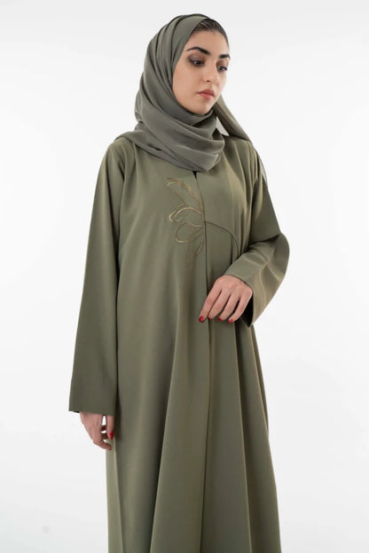 Abaya With Delicate Floral Line Embroidery Green