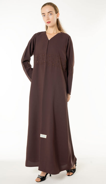 Floral Embroidery With Simple Bead Embellishments Brown